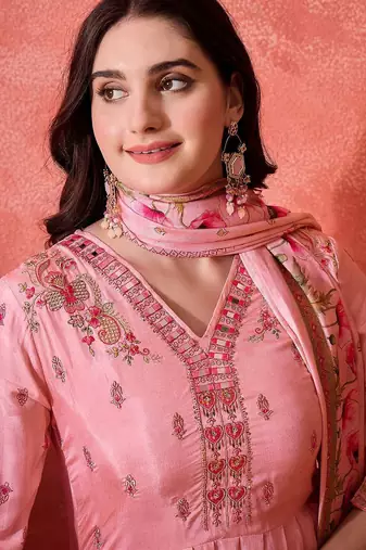 Floral printed empire v-neck mirror work straight kurta & trousers with dupatta