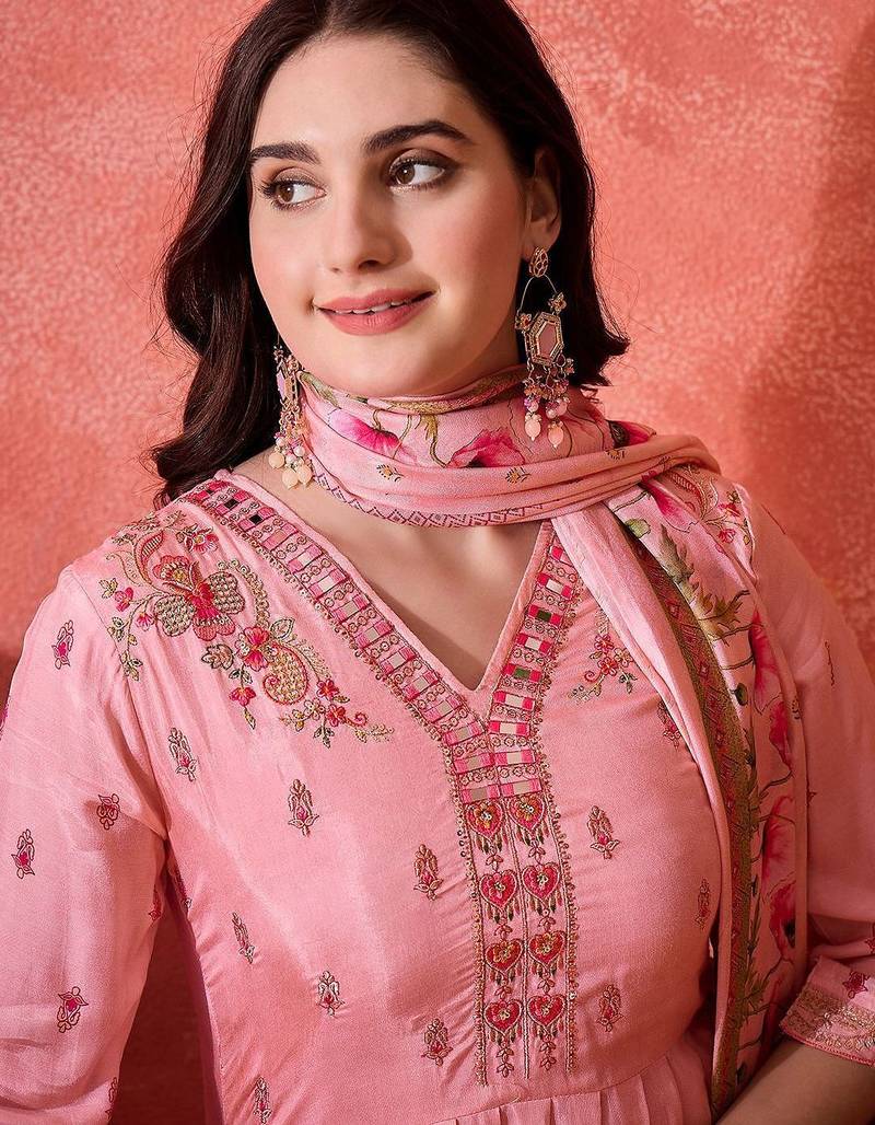 Floral printed empire v-neck mirror work straight kurta & trousers with dupatta