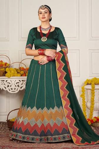 Embroidered Thread Work Semi-Stitched Lehenga & Unstitched Blouse With Dupatta