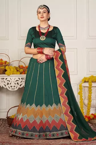 Embroidered Thread Work Semi-Stitched Lehenga & Unstitched Blouse With Dupatta