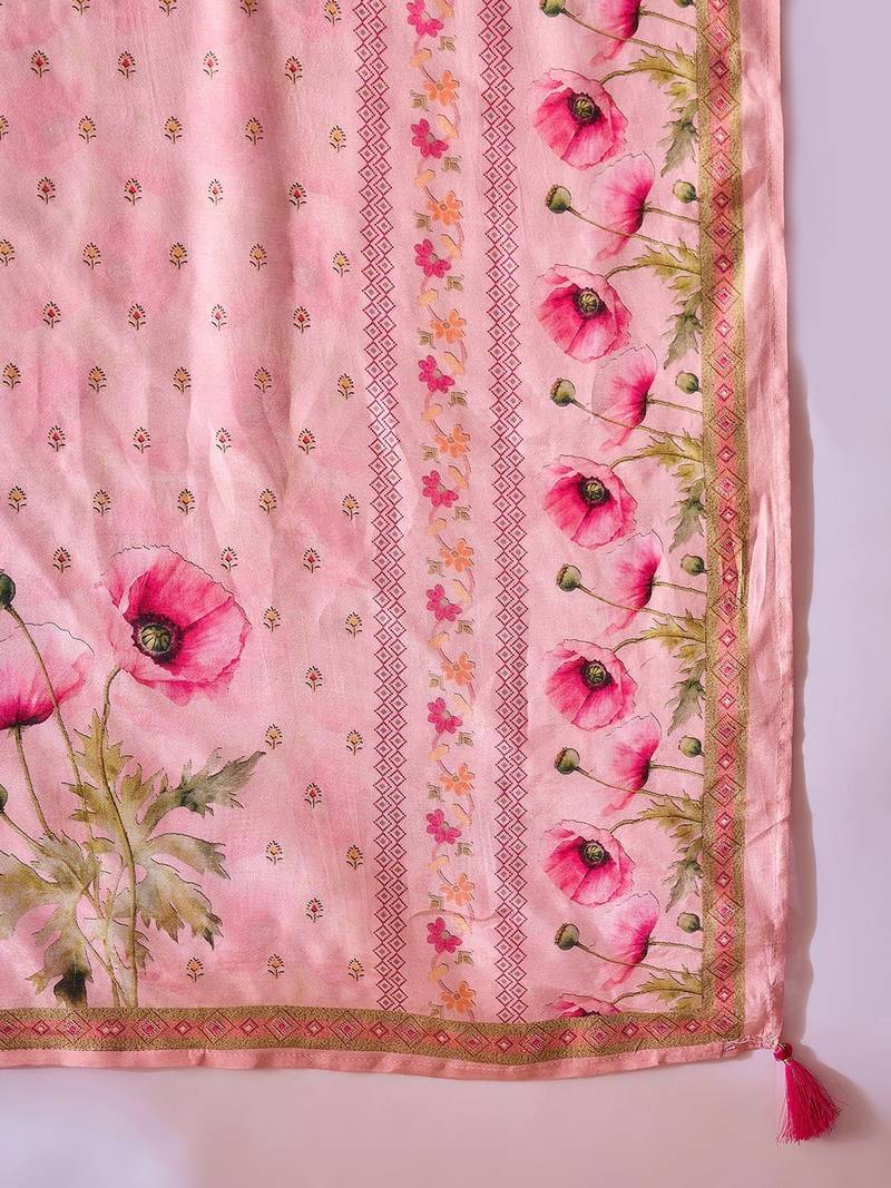 Floral printed empire v-neck mirror work straight kurta & trousers with dupatta