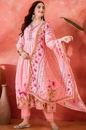 Floral printed empire v-neck mirror work straight kurta & trousers with dupatta