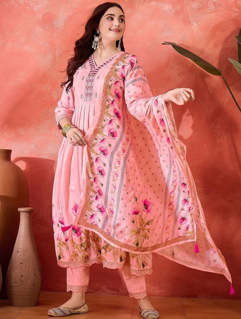 Floral printed empire v-neck mirror work straight kurta & trousers with dupatta
