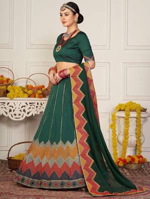 Embroidered Thread Work Semi-Stitched Lehenga & Unstitched Blouse With Dupatta 3