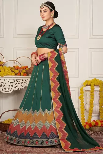 Embroidered Thread Work Semi-Stitched Lehenga & Unstitched Blouse With Dupatta