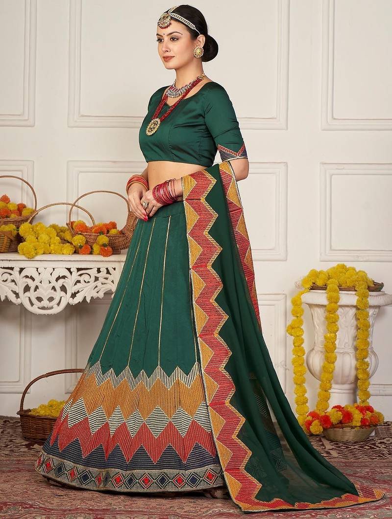 Embroidered Thread Work Semi-Stitched Lehenga & Unstitched Blouse With Dupatta