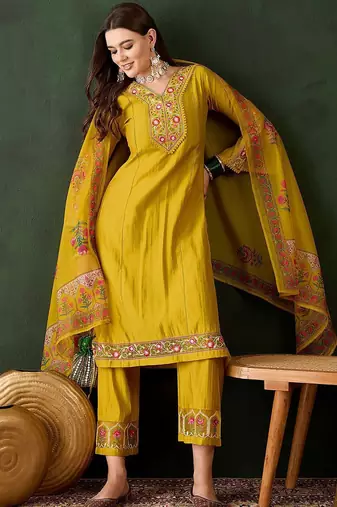 Embroidered thread work straight kurta with trousers & dupatta