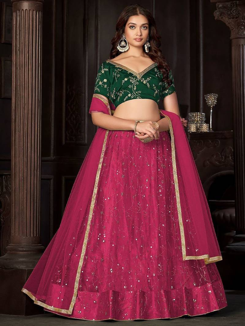 Embroidered Thread Work Semi-Stitched Lehenga & Unstitched Blouse With Dupatta