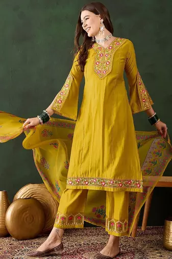 Embroidered thread work straight kurta with trousers & dupatta