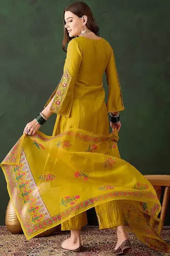 Embroidered thread work straight kurta with trousers & dupatta