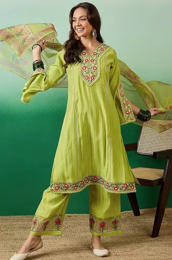 Embroidered straight kurta with palazzo & dupatta set