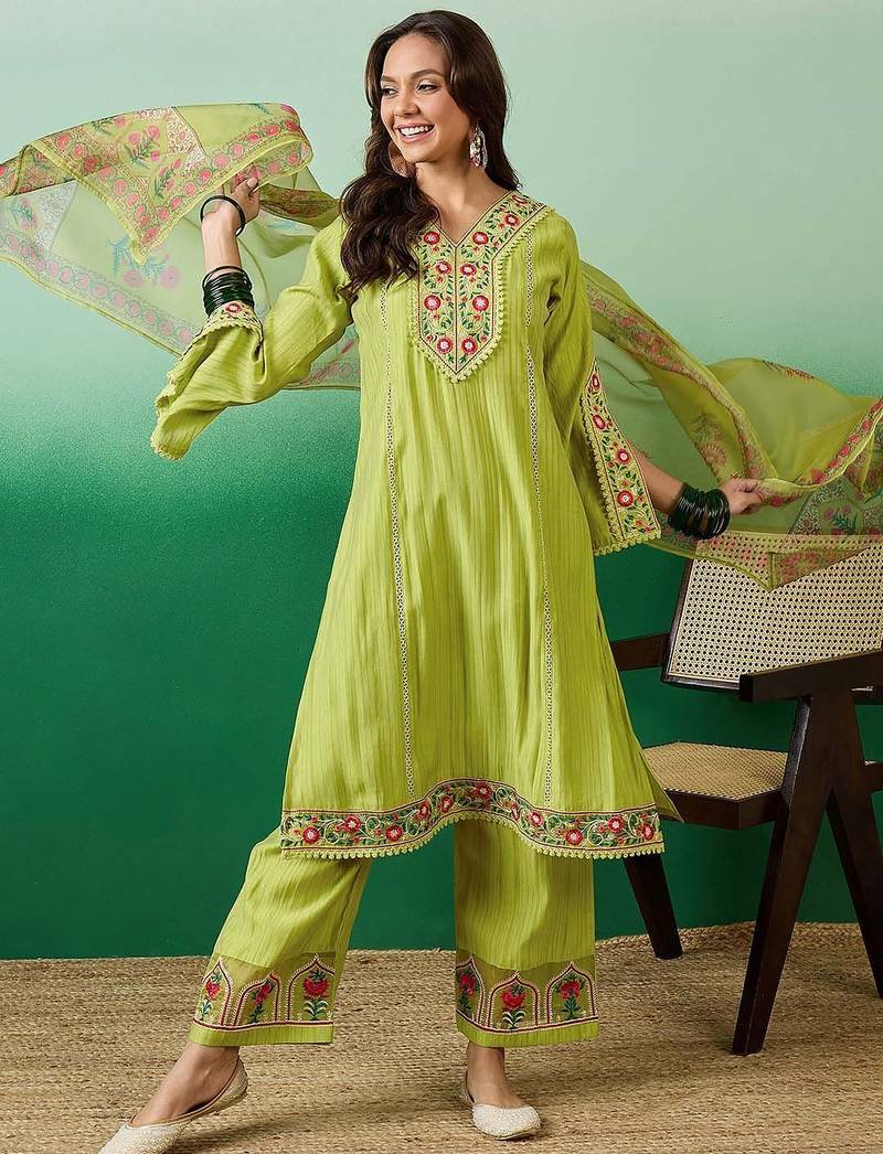 Embroidered straight kurta with palazzo & dupatta set