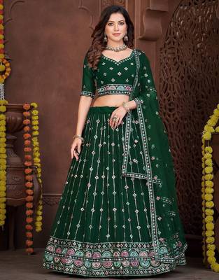 Embroidered Thread Work Semi-Stitched Lehenga & Unstitched Blouse With Dupatta 1
