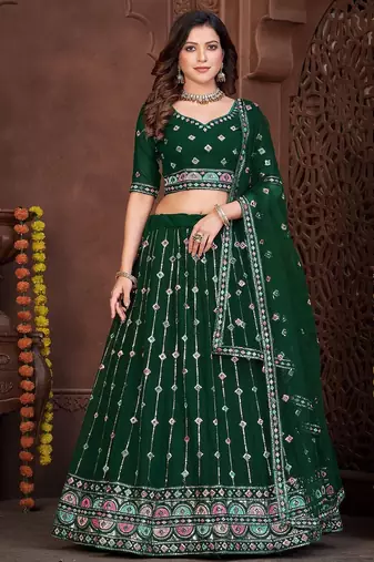 Embroidered Thread Work Semi-Stitched Lehenga & Unstitched Blouse With Dupatta