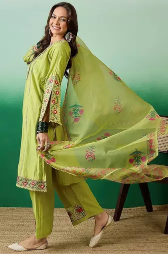 Embroidered straight kurta with palazzo & dupatta set