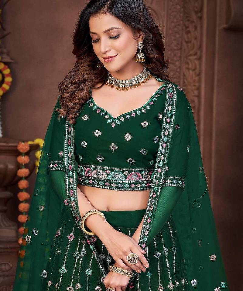 Embroidered Thread Work Semi-Stitched Lehenga & Unstitched Blouse With Dupatta
