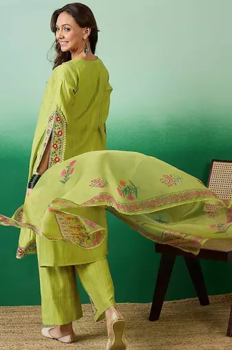 Embroidered straight kurta with palazzo & dupatta set