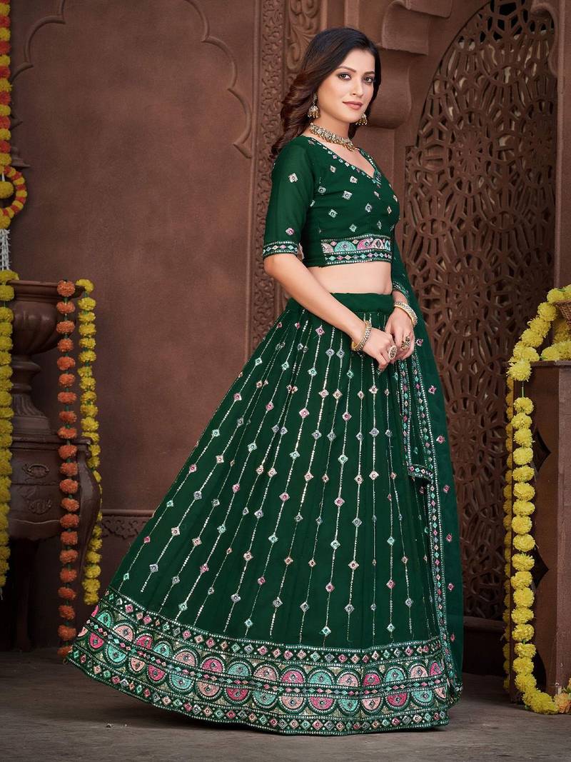 Embroidered Thread Work Semi-Stitched Lehenga & Unstitched Blouse With Dupatta