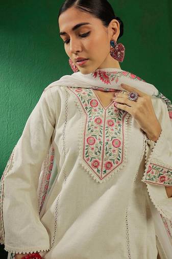 Off white floral embroidered pure cotton kurta with palazzo & dupatta