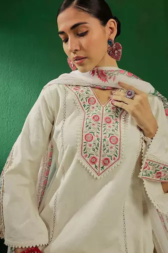 Off white floral embroidered pure cotton kurta with palazzo & dupatta
