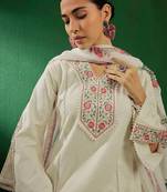Off white floral embroidered pure cotton kurta with palazzo & dupatta