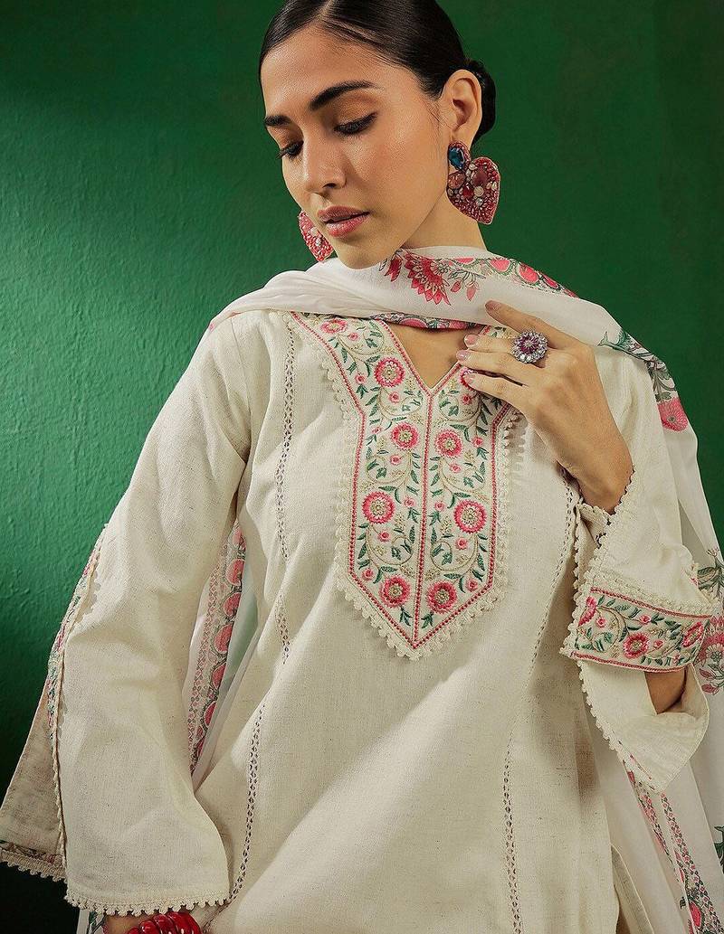 Off white floral embroidered pure cotton kurta with palazzo & dupatta