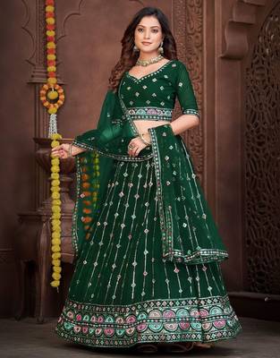 Embroidered Thread Work Semi-Stitched Lehenga & Unstitched Blouse With Dupatta 4