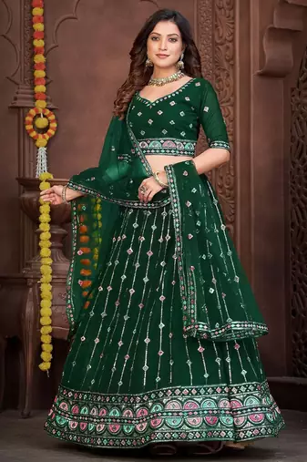 Embroidered Thread Work Semi-Stitched Lehenga & Unstitched Blouse With Dupatta