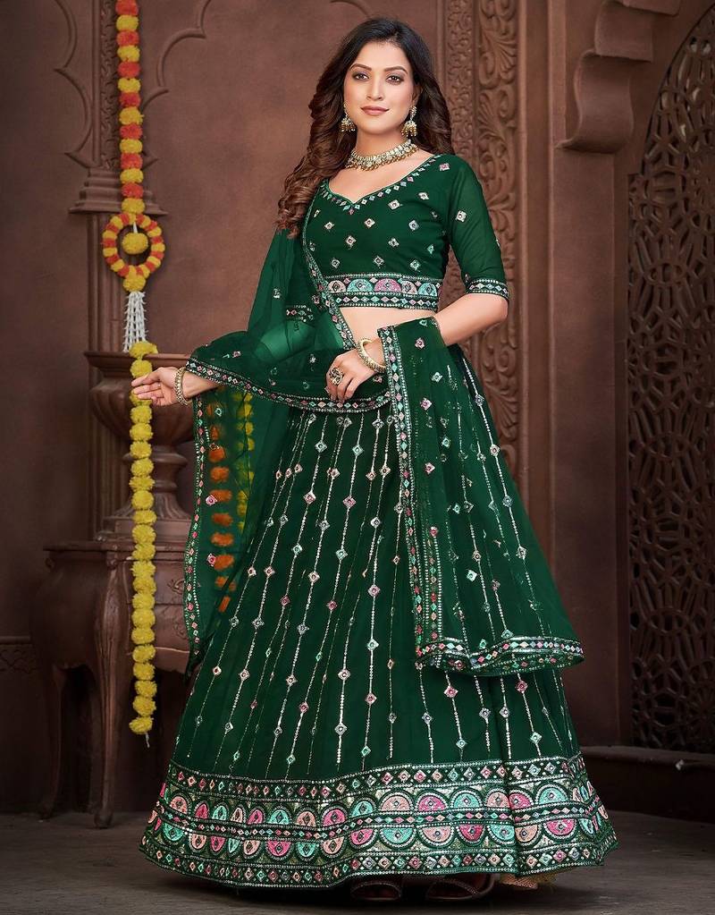 Embroidered Thread Work Semi-Stitched Lehenga & Unstitched Blouse With Dupatta