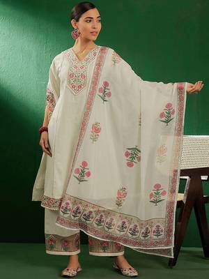 Off white floral embroidered pure cotton kurta with palazzo & dupatta 4