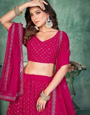 Embroidered Thread Work Semi-Stitched Lehenga & Unstitched Blouse With Dupatta 2