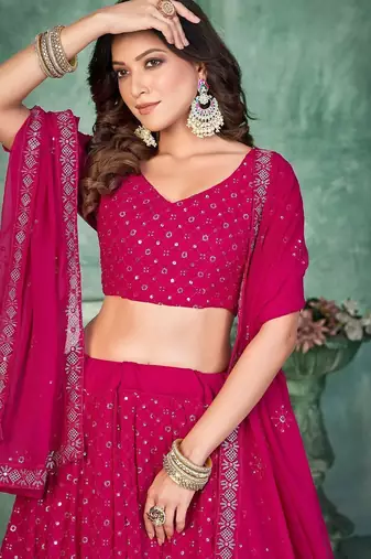 Embroidered Thread Work Semi-Stitched Lehenga & Unstitched Blouse With Dupatta