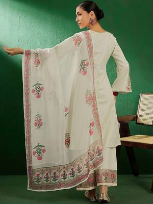Off white floral embroidered pure cotton kurta with palazzo & dupatta 5
