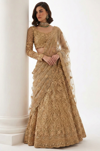 Golden Pure Soft Heavy Butterfly Net Sequins Embroidery Work Bridal Lehenga Choli