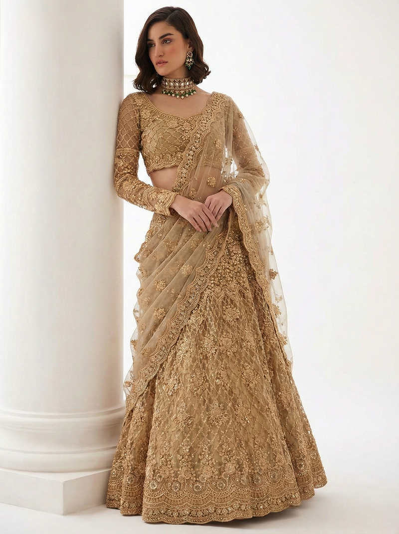 Golden Pure Soft Heavy Butterfly Net Sequins Embroidery Work Bridal Lehenga Choli