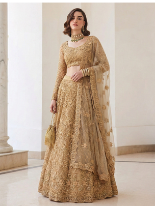 Golden Pure Soft Heavy Butterfly Net Sequins Embroidery Work Bridal Lehenga Choli 2