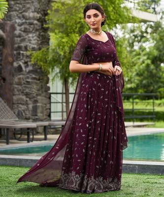 Embroidered Thread Work Semi-Stitched Lehenga & Unstitched Blouse With Dupatta 3