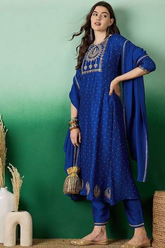 Blue floral embroidered a-line kurta & trousers with dupatta
