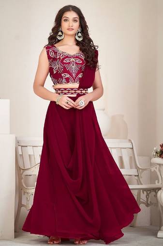 Embroidered Thread Work Semi-Stitched Lehenga & Unstitched Blouse With Dupatta