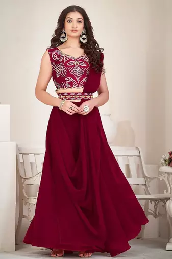 Embroidered Thread Work Semi-Stitched Lehenga & Unstitched Blouse With Dupatta