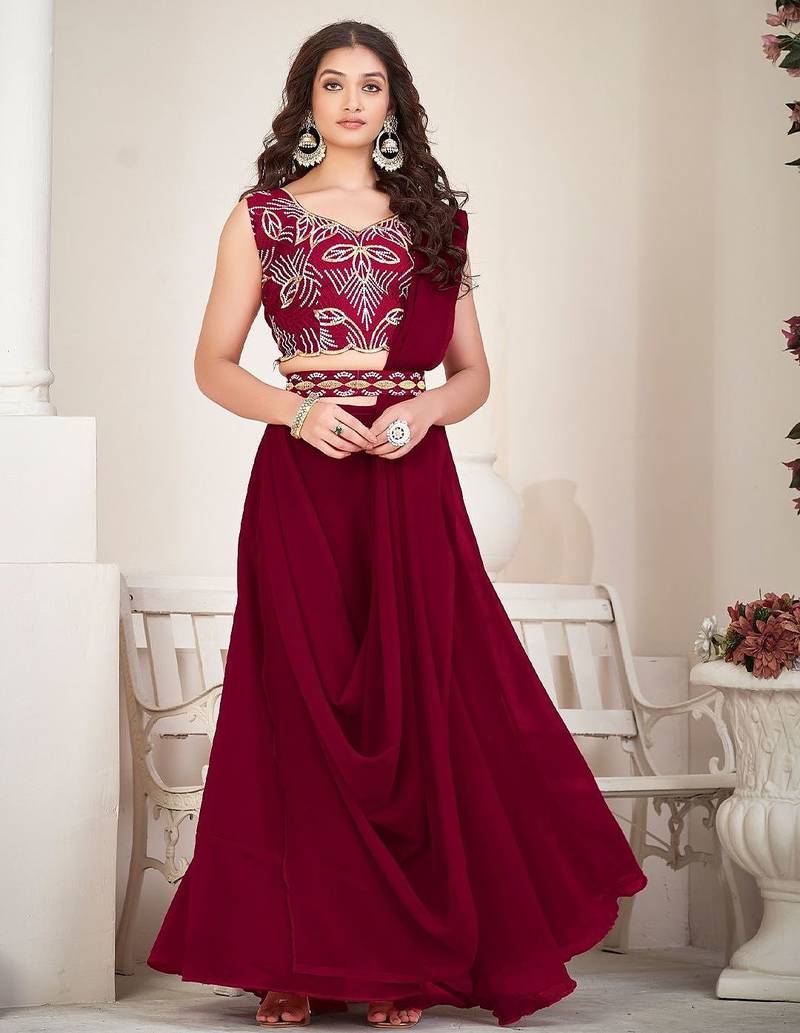 Embroidered Thread Work Semi-Stitched Lehenga & Unstitched Blouse With Dupatta