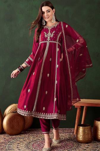 Women embroidered a-line kurta trousers & dupatta