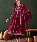Women embroidered a-line kurta trousers & dupatta
