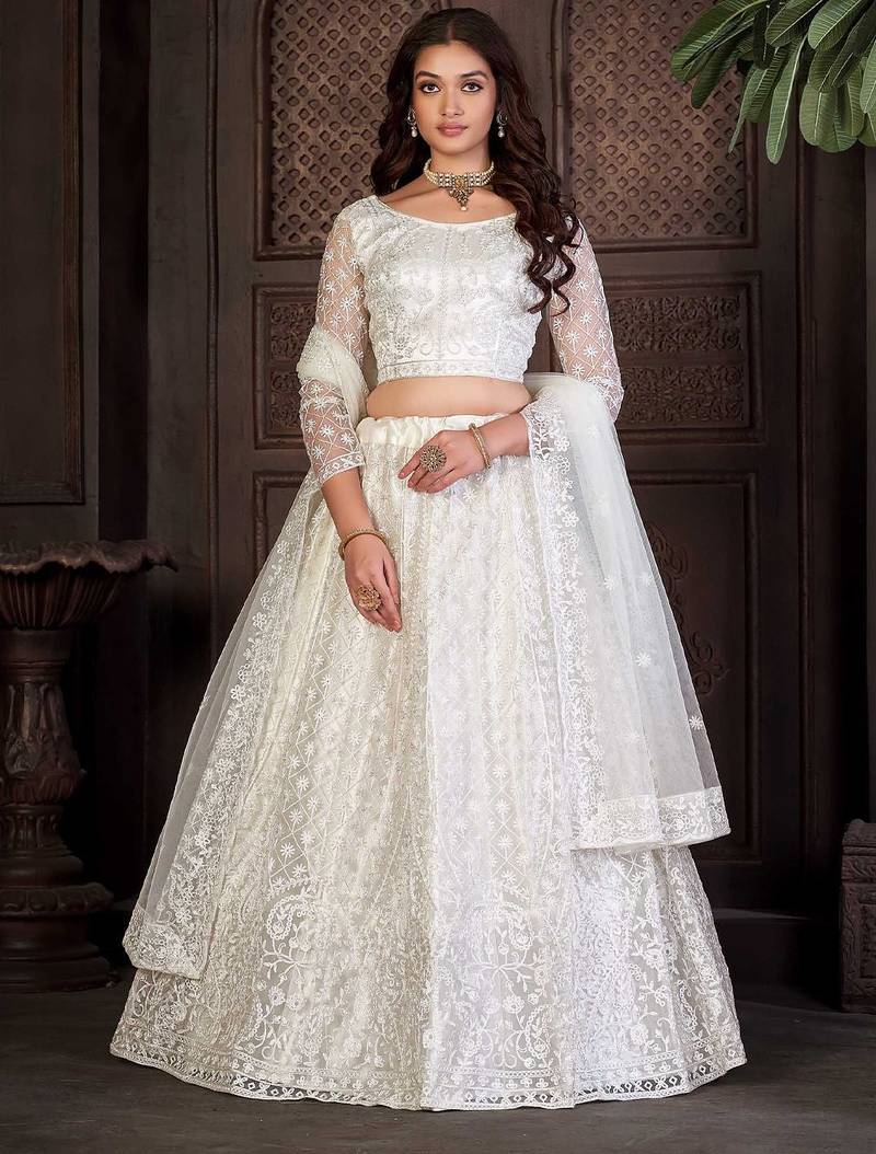 Embroidered Thread Work Semi-Stitched Lehenga & Unstitched Blouse With Dupatta