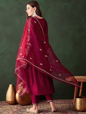 Women embroidered a-line kurta trousers & dupatta 5