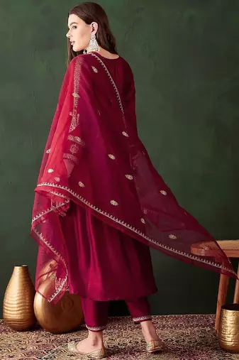 Women embroidered a-line kurta trousers & dupatta