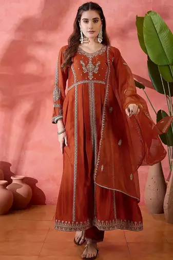 Orange floral embroidered panelled zari a-line kurta with trousers and dupatta