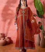 Orange floral embroidered panelled zari a-line kurta with trousers and dupatta