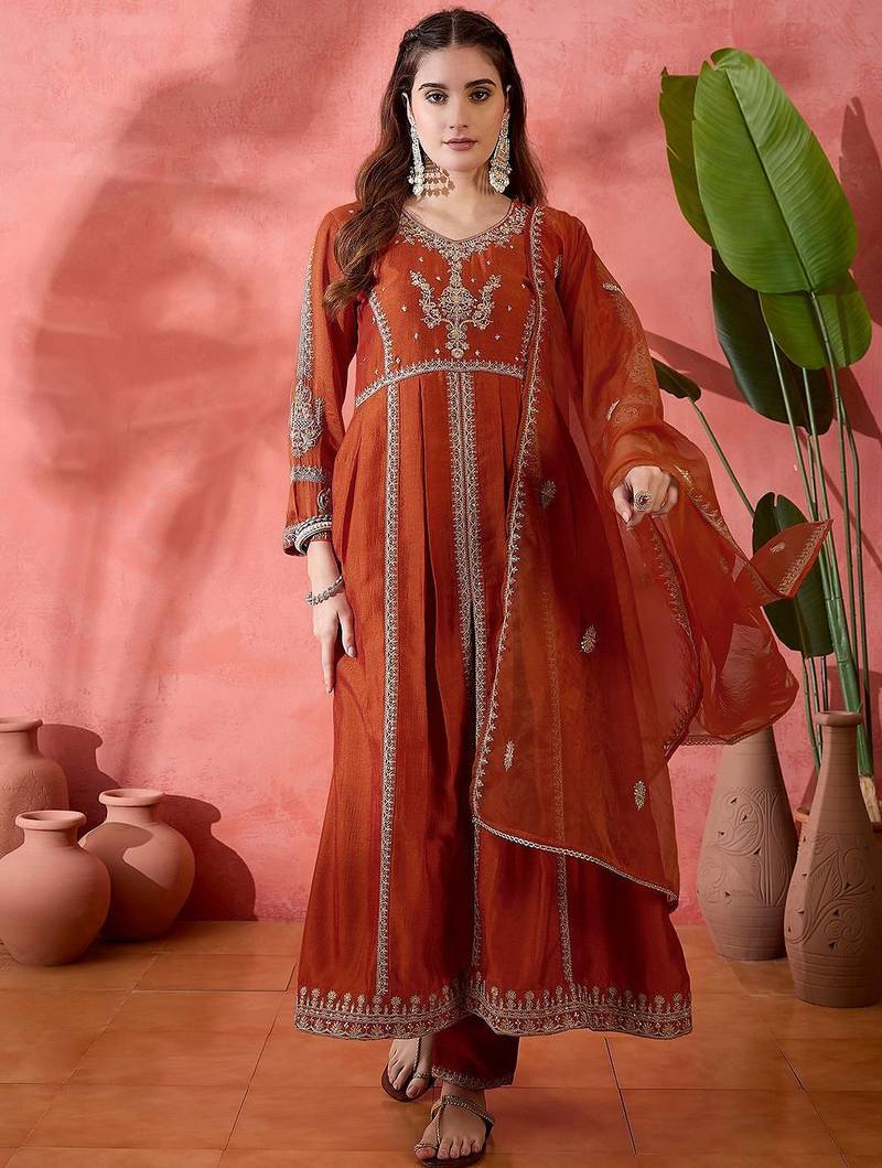Orange floral embroidered panelled zari a-line kurta with trousers and dupatta