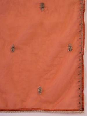 Orange floral embroidered panelled zari a-line kurta with trousers and dupatta 4